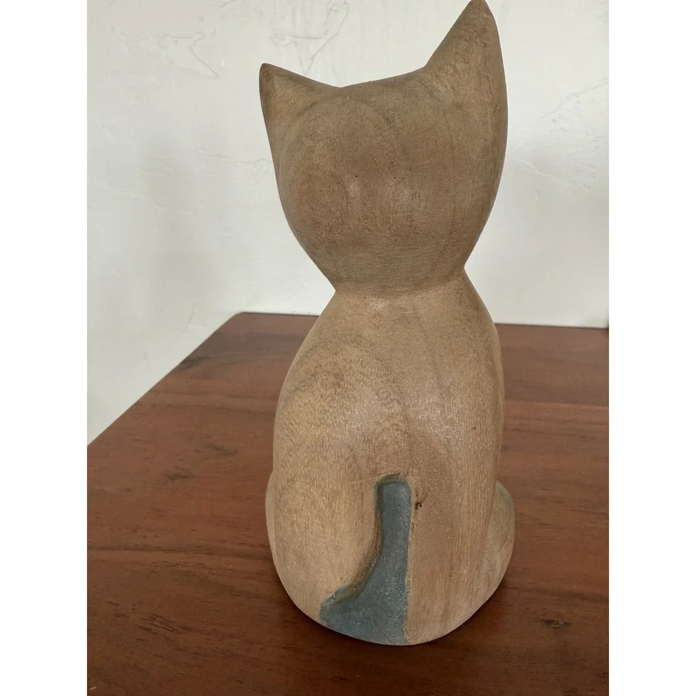 Hand Carved Wooden Cat Vintage Gray Feline Figurine 7